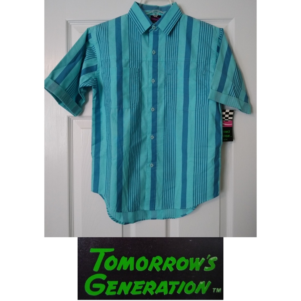 🆕 Vintage boys striped button shirt medium aqua